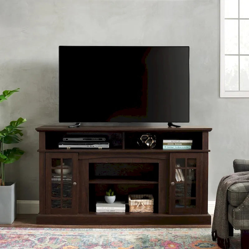 Meuble TV Classique avec Rangement Ouvert et Fermé, Espresso / Gris Lavé / Noir & Noyer Foncé, 148 cm, Compatible avec TV jusqu'à 65 pouces