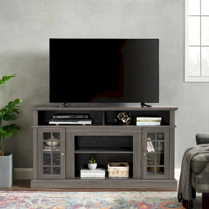 Meuble TV Classique avec Rangement Ouvert et Fermé, Espresso / Gris Lavé / Noir & Noyer Foncé, 148 cm, Compatible avec TV jusqu'à 65 pouces