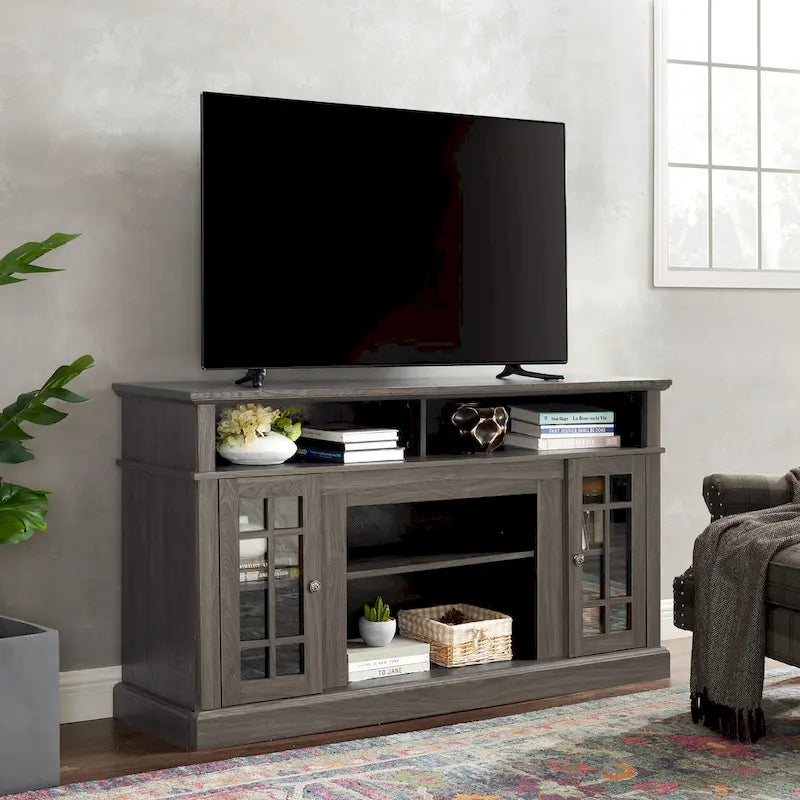 Meuble TV Classique avec Rangement Ouvert et Fermé, Espresso / Gris Lavé / Noir & Noyer Foncé, 148 cm, Compatible avec TV jusqu'à 65 pouces