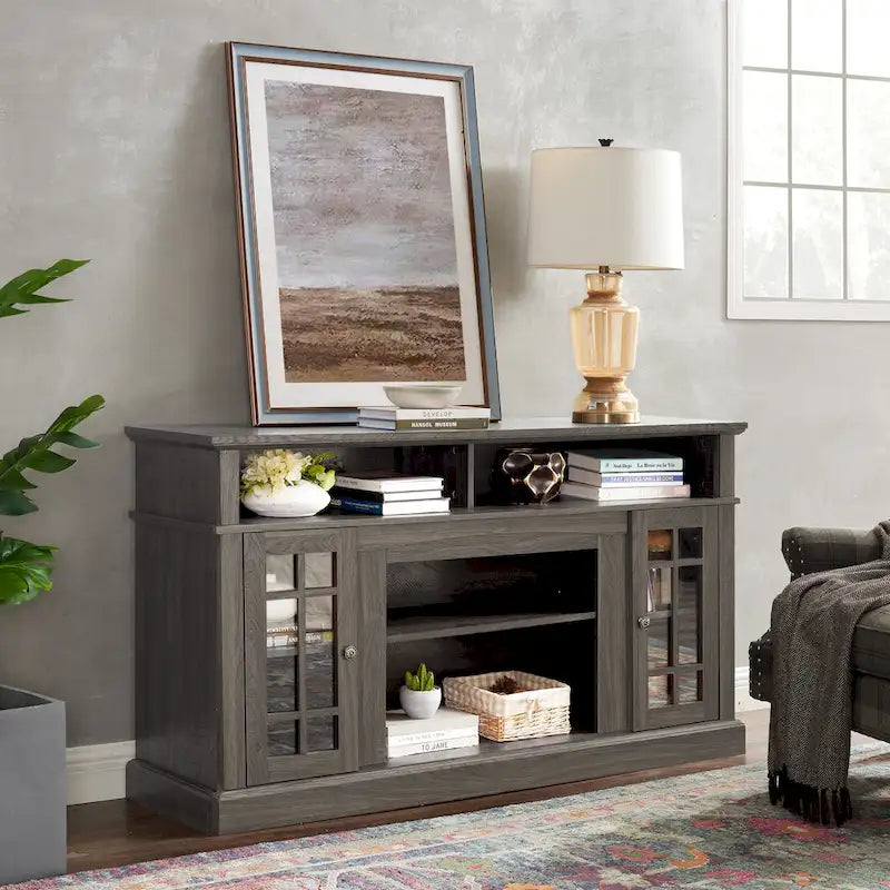 Meuble TV Classique avec Rangement Ouvert et Fermé, Espresso / Gris Lavé / Noir & Noyer Foncé, 148 cm, Compatible avec TV jusqu'à 65 pouces