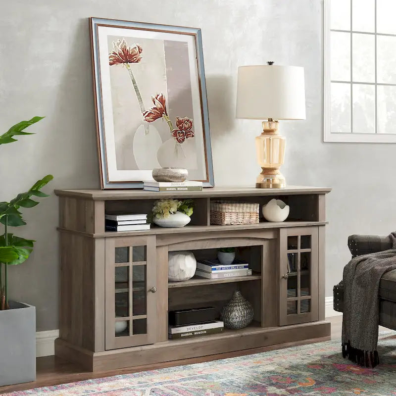 Meuble TV Classique avec Rangement Ouvert et Fermé, Espresso / Gris Lavé / Noir & Noyer Foncé, 148 cm, Compatible avec TV jusqu'à 65 pouces