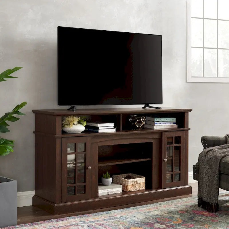 Meuble TV Classique avec Rangement Ouvert et Fermé, Espresso / Gris Lavé / Noir & Noyer Foncé, 148 cm, Compatible avec TV jusqu'à 65 pouces
