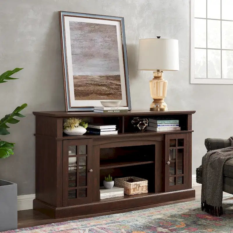 Meuble TV Classique avec Rangement Ouvert et Fermé, Espresso / Gris Lavé / Noir & Noyer Foncé, 148 cm, Compatible avec TV jusqu'à 65 pouces