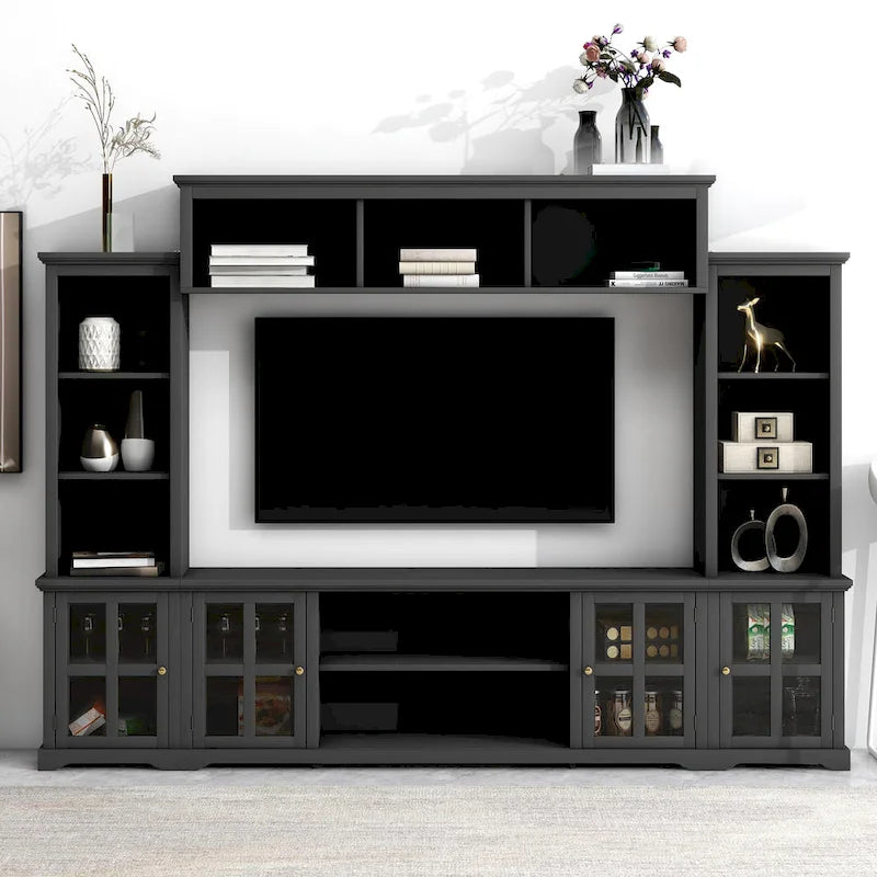 Meuble TV mural noir avec pont, portes vitrées et 9 étagères, convient aux téléviseurs jusqu'à 70 pouces, assemblage par 3 personnes