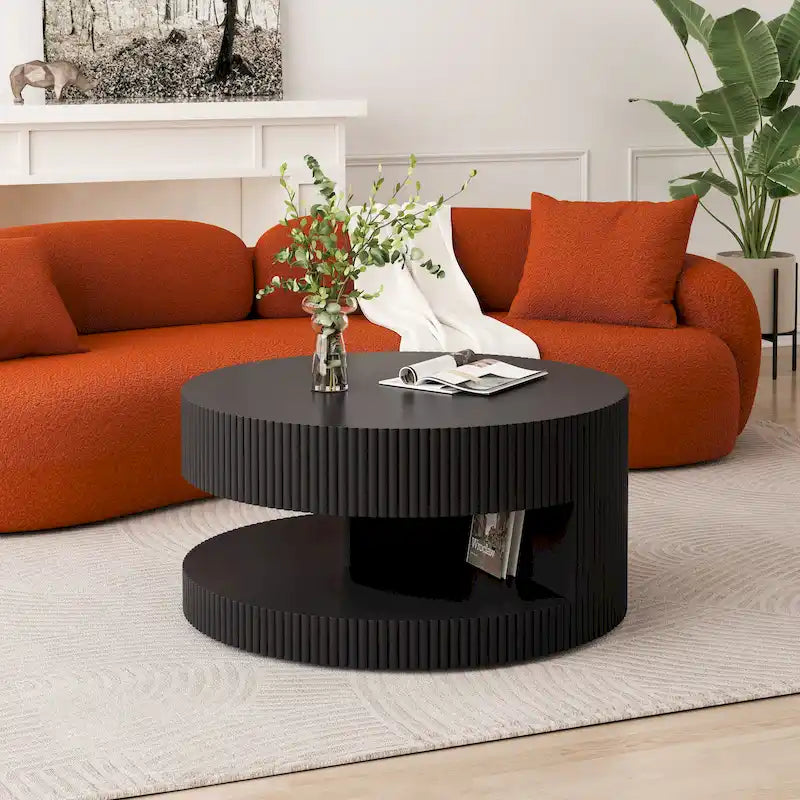 Table basse ronde moderne Blanche / Noire avec motif rayé en relief et rangement ouvert à 2 niveaux, 80 cm