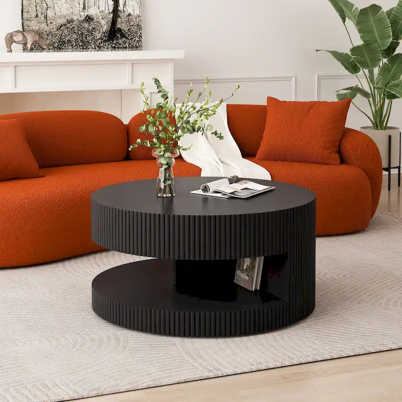 Table basse ronde moderne Blanche / Noire avec motif rayé en relief et rangement ouvert à 2 niveaux, 80 cm
