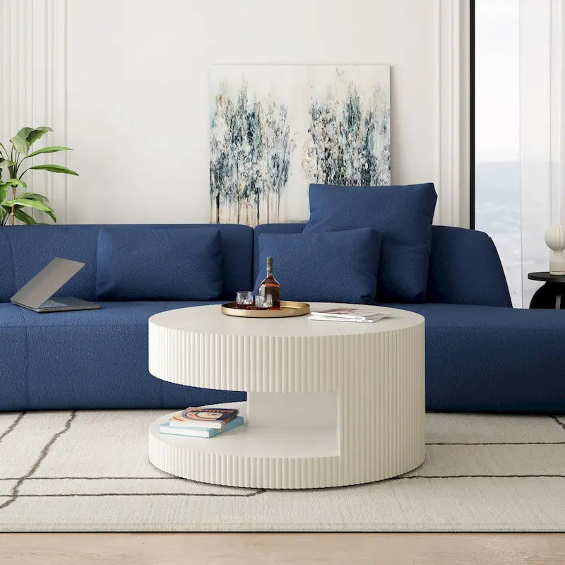 Table basse ronde moderne Blanche / Noire avec motif rayé en relief et rangement ouvert à 2 niveaux, 80 cm