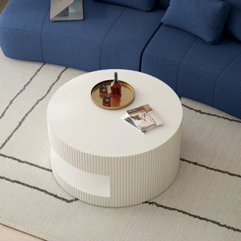 Table basse ronde moderne Blanche / Noire avec motif rayé en relief et rangement ouvert à 2 niveaux, 80 cm