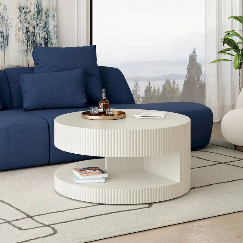 Table basse ronde moderne Blanche / Noire avec motif rayé en relief et rangement ouvert à 2 niveaux, 80 cm