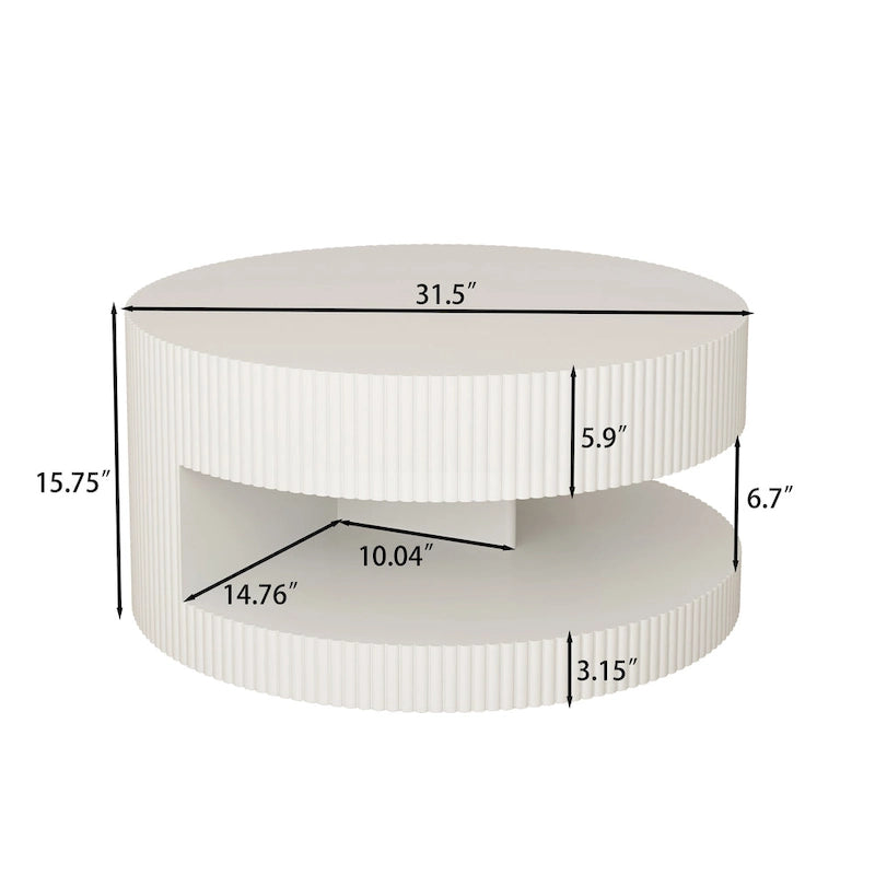 Table basse ronde moderne Blanche / Noire avec motif rayé en relief et rangement ouvert à 2 niveaux, 80 cm