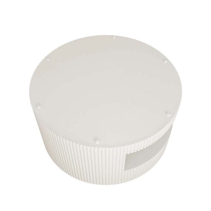 Table basse ronde moderne Blanche / Noire avec motif rayé en relief et rangement ouvert à 2 niveaux, 80 cm