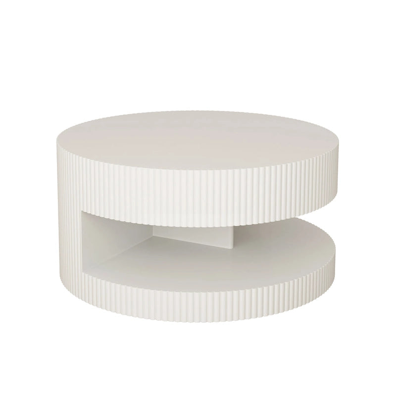 Table basse ronde moderne Blanche / Noire avec motif rayé en relief et rangement ouvert à 2 niveaux, 80 cm