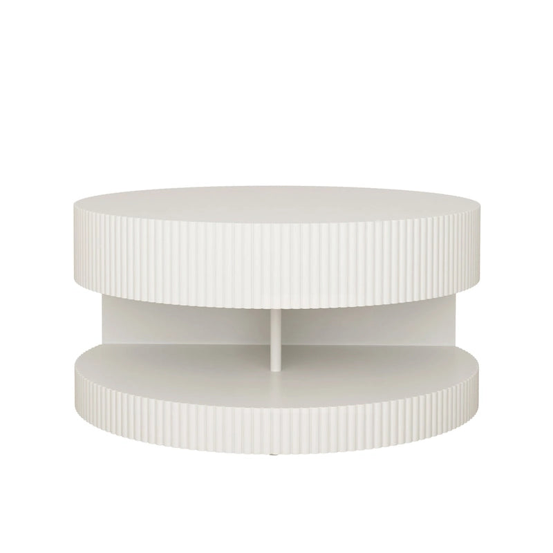 Table basse ronde moderne Blanche / Noire avec motif rayé en relief et rangement ouvert à 2 niveaux, 80 cm