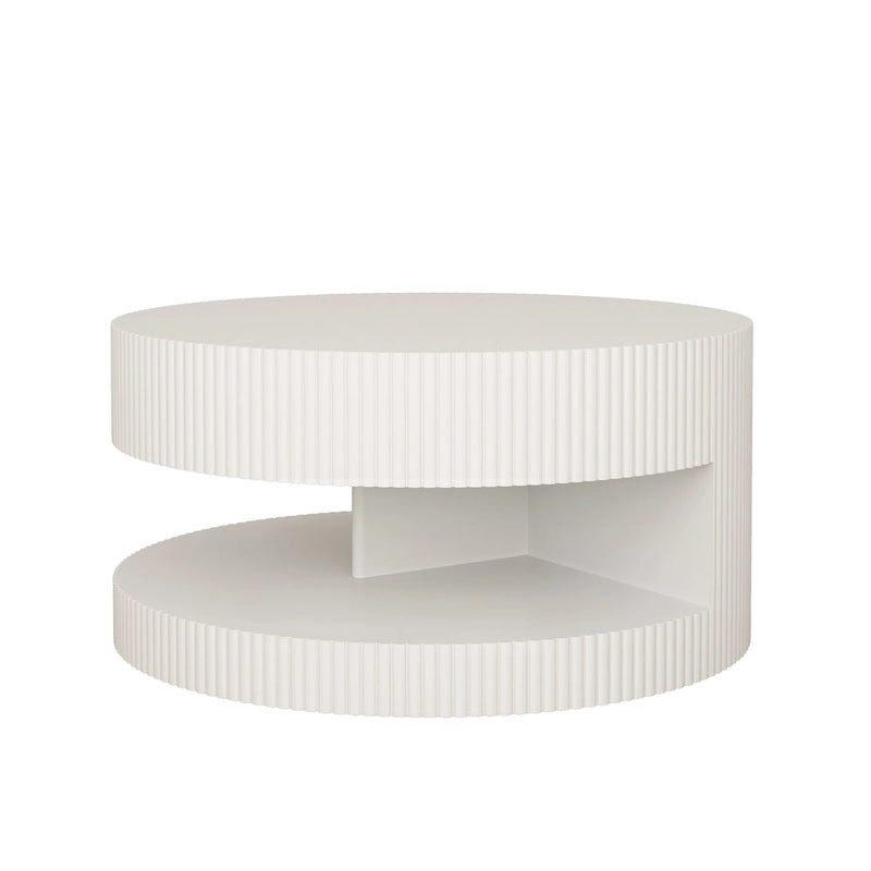 Table basse ronde moderne Blanche / Noire avec motif rayé en relief et rangement ouvert à 2 niveaux, 80 cm
