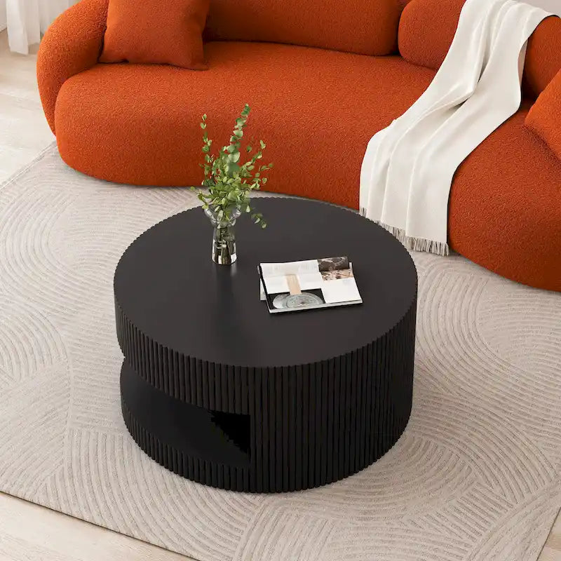 Table basse ronde moderne Blanche / Noire avec motif rayé en relief et rangement ouvert à 2 niveaux, 80 cm