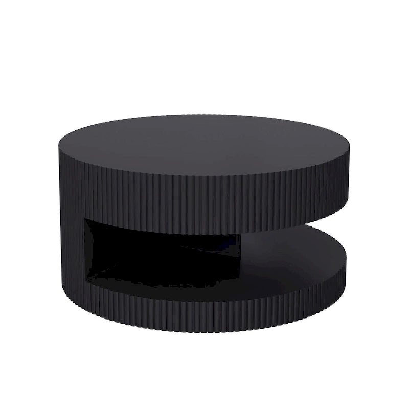 Table basse ronde moderne Blanche / Noire avec motif rayé en relief et rangement ouvert à 2 niveaux, 80 cm