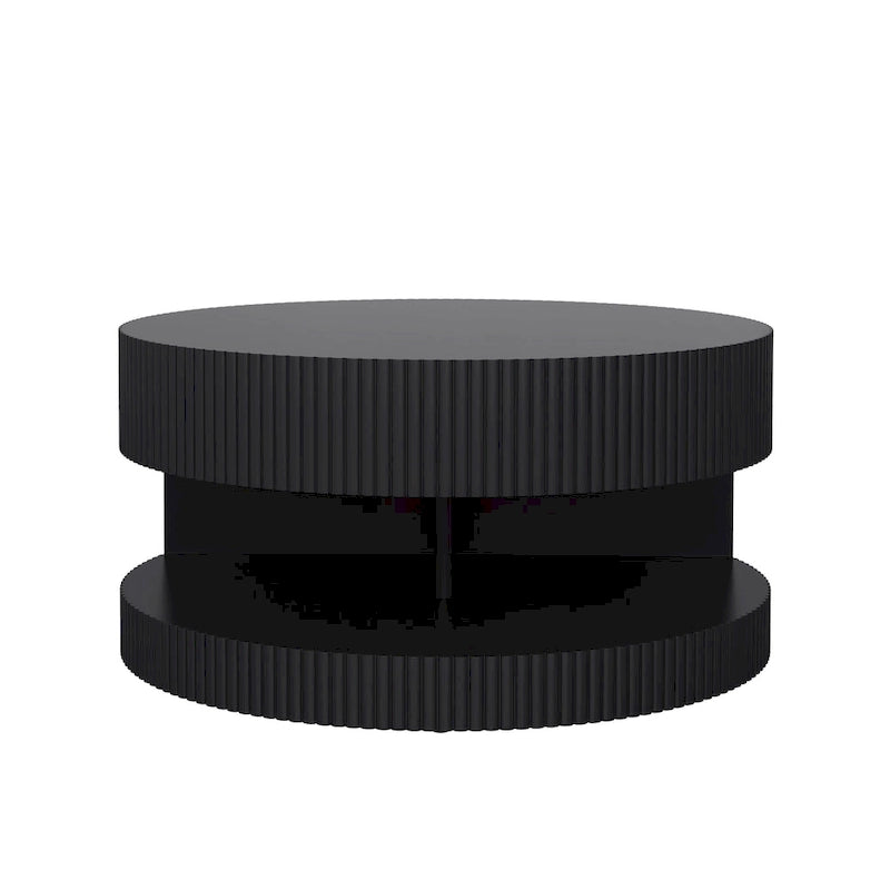Table basse ronde moderne Blanche / Noire avec motif rayé en relief et rangement ouvert à 2 niveaux, 80 cm