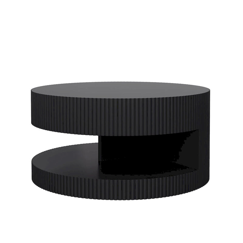 Table basse ronde moderne Blanche / Noire avec motif rayé en relief et rangement ouvert à 2 niveaux, 80 cm