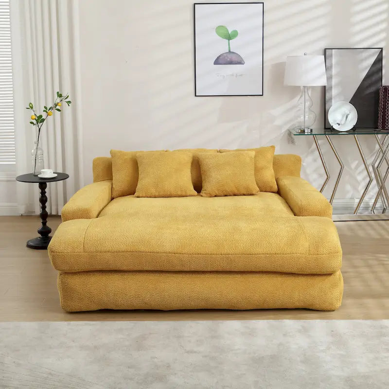 Canapé-lit 2 places en chenille bleu marine / jaune moutarde / blanc / vert émeraude / gris avec 5 coussins de dossier, 2 personnes