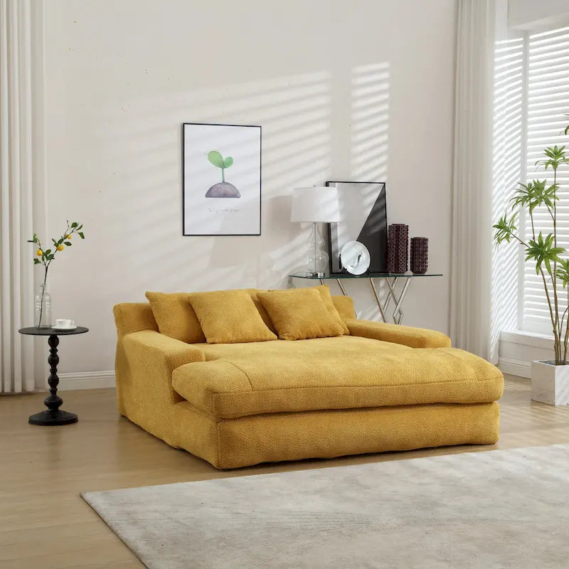 Canapé-lit 2 places en chenille bleu marine / jaune moutarde / blanc / vert émeraude / gris avec 5 coussins de dossier, 2 personnes