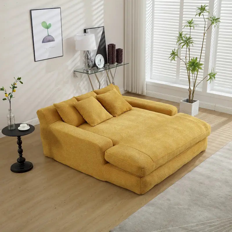 Canapé-lit 2 places en chenille bleu marine / jaune moutarde / blanc / vert émeraude / gris avec 5 coussins de dossier, 2 personnes