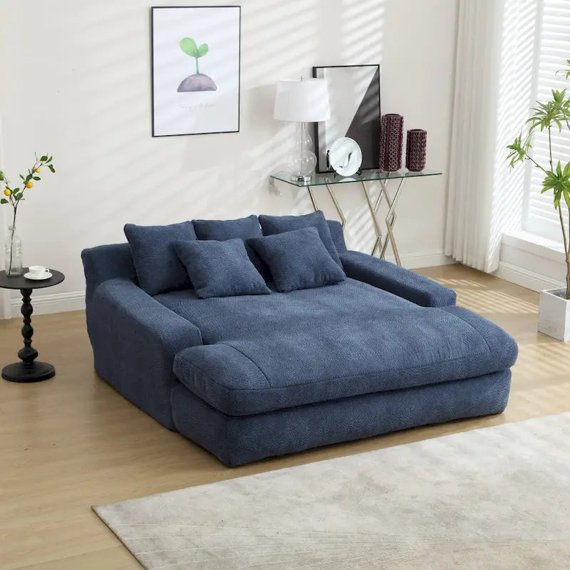 Canapé-lit 2 places en chenille bleu marine / jaune moutarde / blanc / vert émeraude / gris avec 5 coussins de dossier, 2 personnes