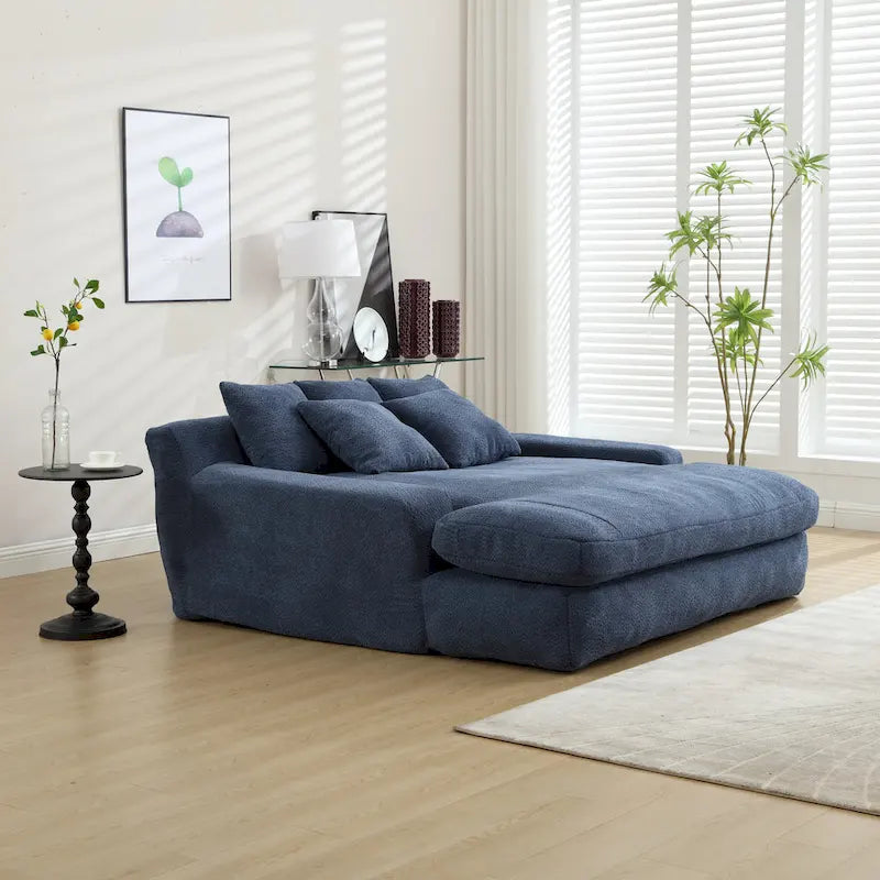 Canapé-lit 2 places en chenille bleu marine / jaune moutarde / blanc / vert émeraude / gris avec 5 coussins de dossier, 2 personnes