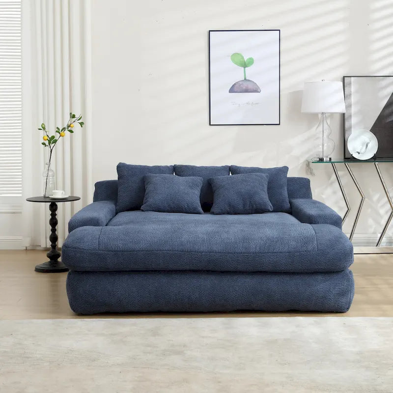 Canapé-lit 2 places en chenille bleu marine / jaune moutarde / blanc / vert émeraude / gris avec 5 coussins de dossier, 2 personnes