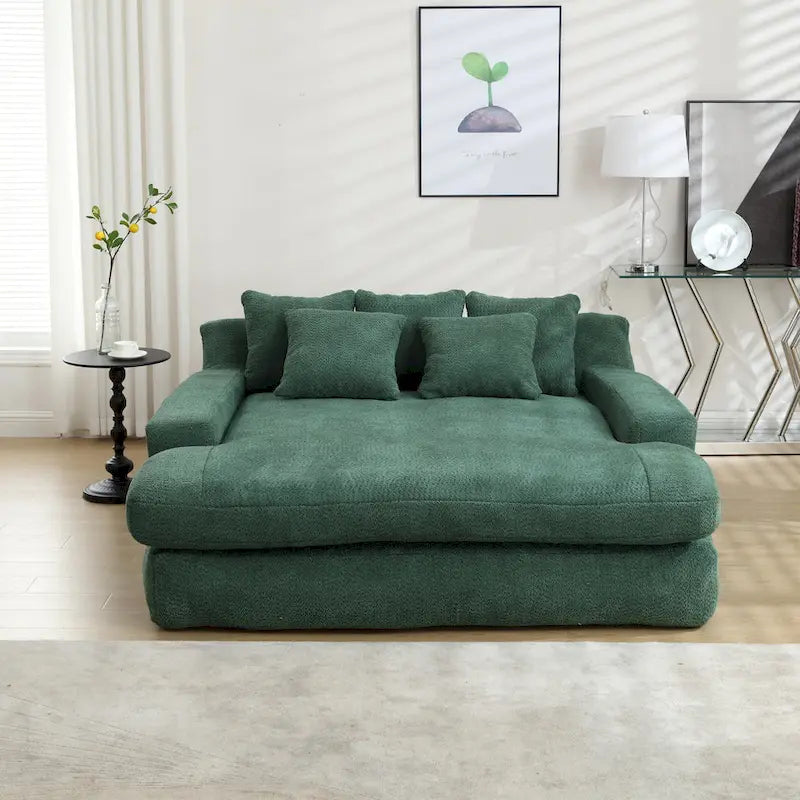 Canapé-lit 2 places en chenille bleu marine / jaune moutarde / blanc / vert émeraude / gris avec 5 coussins de dossier, 2 personnes