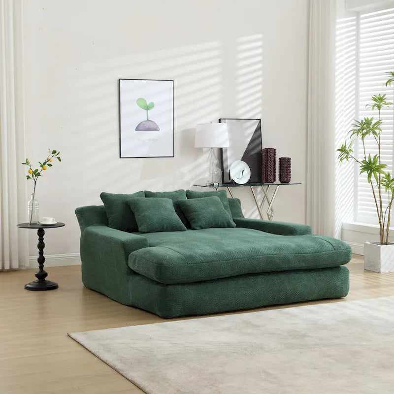 Canapé-lit 2 places en chenille bleu marine / jaune moutarde / blanc / vert émeraude / gris avec 5 coussins de dossier, 2 personnes