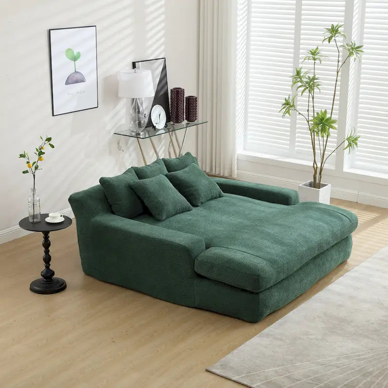 Canapé-lit 2 places en chenille bleu marine / jaune moutarde / blanc / vert émeraude / gris avec 5 coussins de dossier, 2 personnes