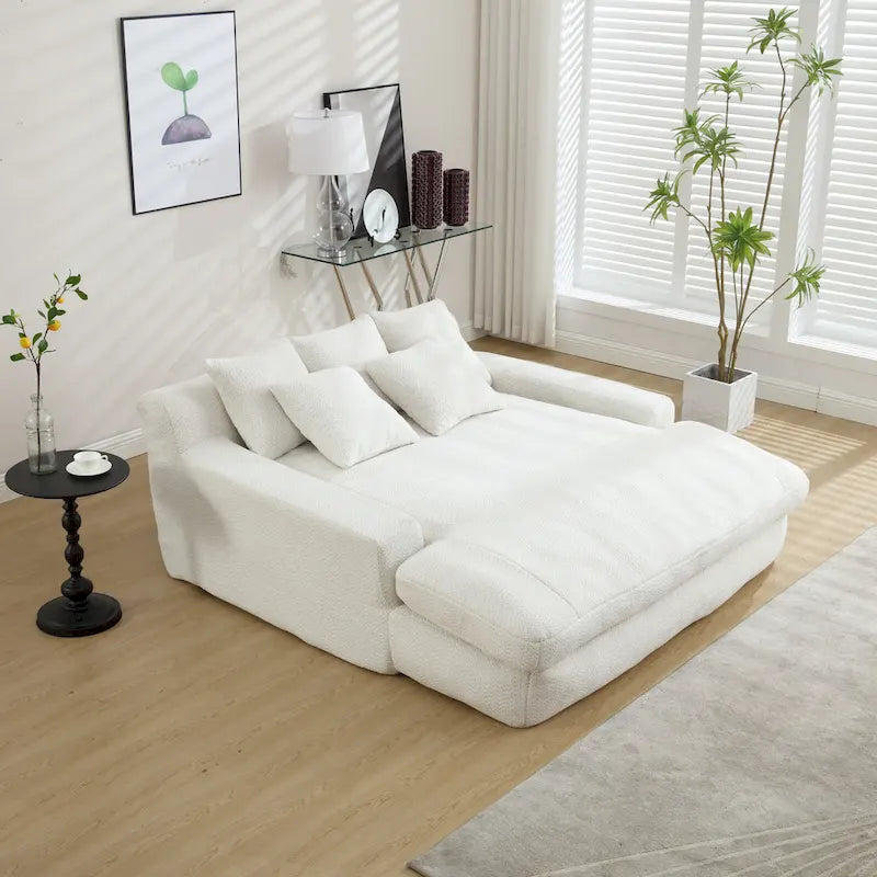 Canapé-lit 2 places en chenille bleu marine / jaune moutarde / blanc / vert émeraude / gris avec 5 coussins de dossier, 2 personnes