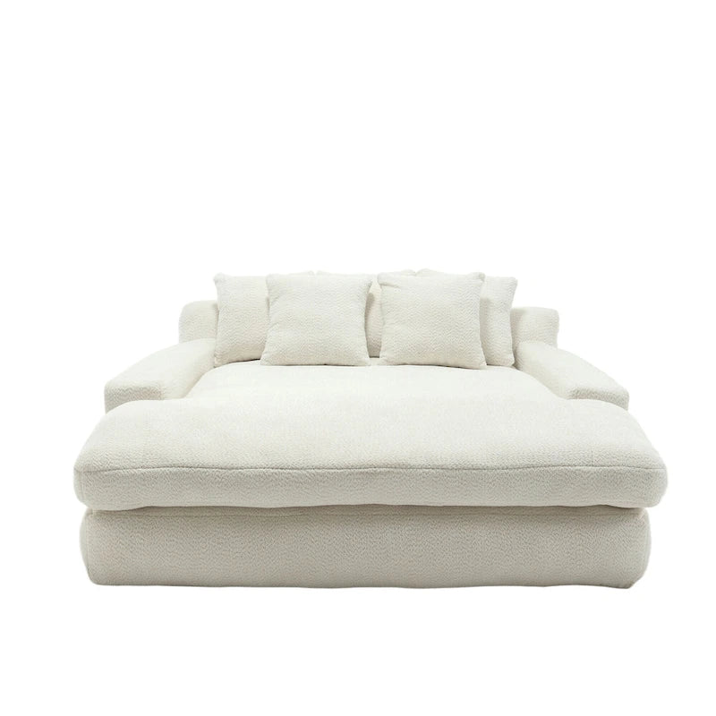 Canapé-lit 2 places en chenille bleu marine / jaune moutarde / blanc / vert émeraude / gris avec 5 coussins de dossier, 2 personnes