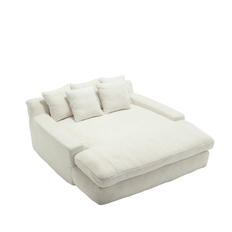 Canapé-lit 2 places en chenille bleu marine / jaune moutarde / blanc / vert émeraude / gris avec 5 coussins de dossier, 2 personnes