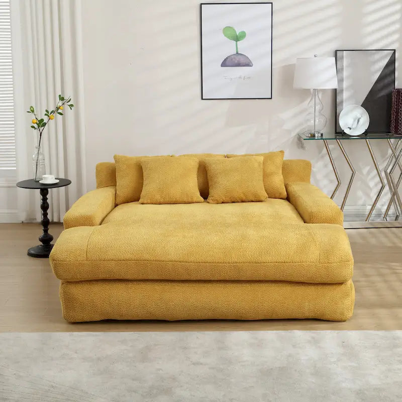 Canapé-lit 2 places en chenille bleu marine / jaune moutarde / blanc / vert émeraude / gris avec 5 coussins de dossier, 2 personnes