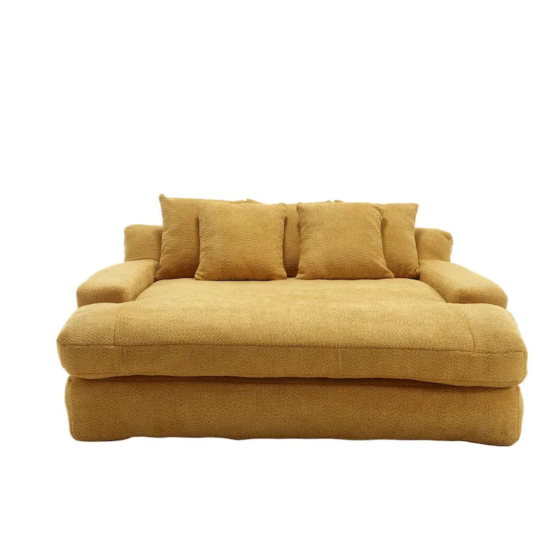 Canapé-lit 2 places en chenille bleu marine / jaune moutarde / blanc / vert émeraude / gris avec 5 coussins de dossier, 2 personnes