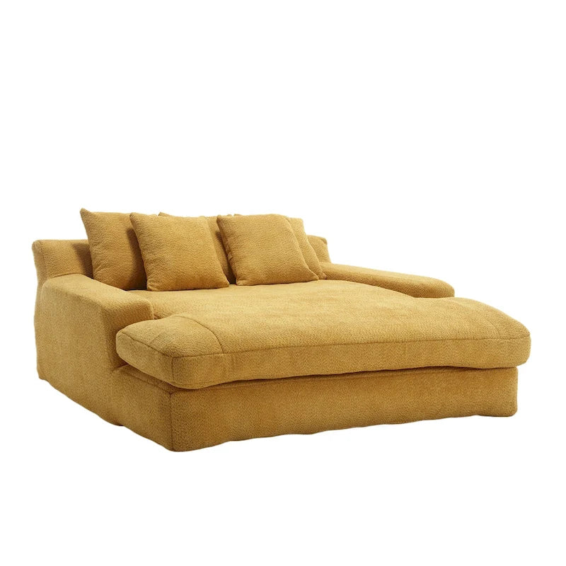 Canapé-lit 2 places en chenille bleu marine / jaune moutarde / blanc / vert émeraude / gris avec 5 coussins de dossier, 2 personnes