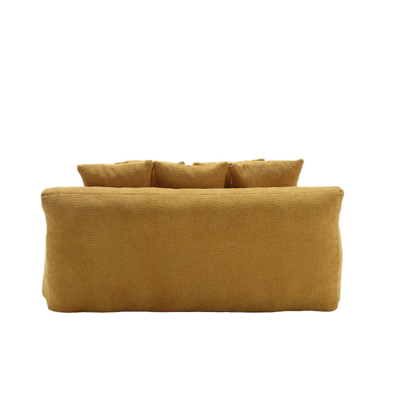Canapé-lit 2 places en chenille bleu marine / jaune moutarde / blanc / vert émeraude / gris avec 5 coussins de dossier, 2 personnes