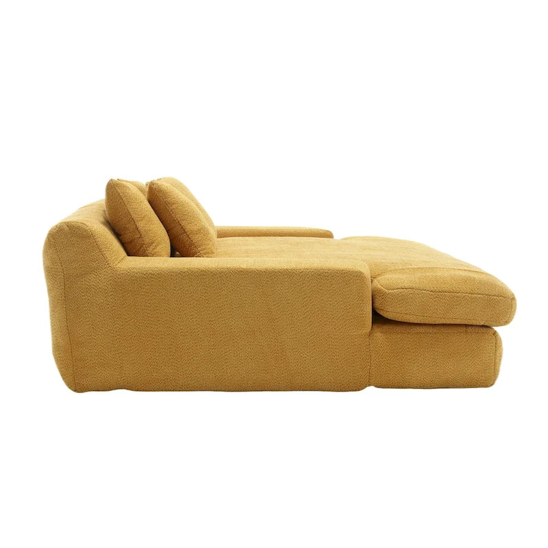 Canapé-lit 2 places en chenille bleu marine / jaune moutarde / blanc / vert émeraude / gris avec 5 coussins de dossier, 2 personnes
