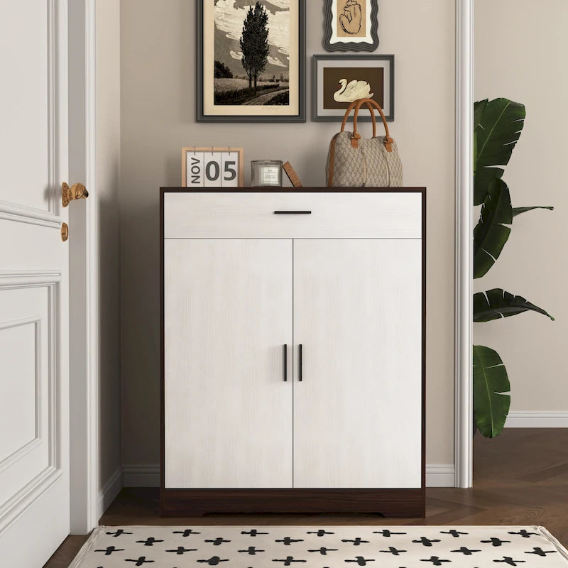Meuble à chaussures 4 niveaux Noyer / Naturel avec 2 portes, 1 tiroir et étagères réglables, style minimaliste