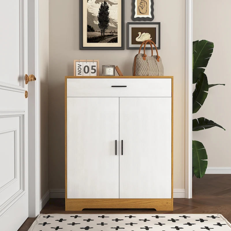 Meuble à chaussures 4 niveaux Noyer / Naturel avec 2 portes, 1 tiroir et étagères réglables, style minimaliste