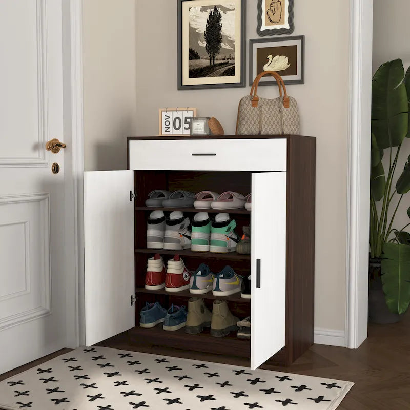 Meuble à chaussures 4 niveaux Noyer / Naturel avec 2 portes, 1 tiroir et étagères réglables, style minimaliste