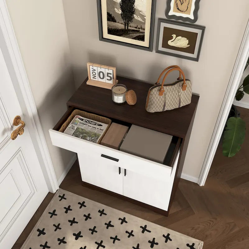 Meuble à chaussures 4 niveaux Noyer / Naturel avec 2 portes, 1 tiroir et étagères réglables, style minimaliste