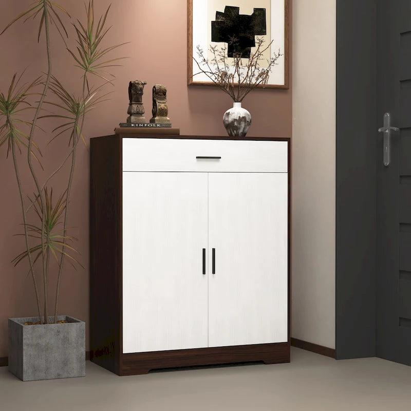 Meuble à chaussures 4 niveaux Noyer / Naturel avec 2 portes, 1 tiroir et étagères réglables, style minimaliste