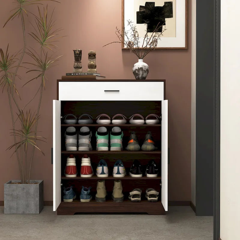 Meuble à chaussures 4 niveaux Noyer / Naturel avec 2 portes, 1 tiroir et étagères réglables, style minimaliste