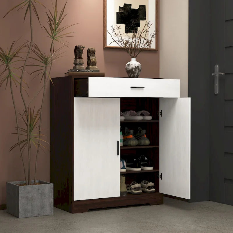 Meuble à chaussures 4 niveaux Noyer / Naturel avec 2 portes, 1 tiroir et étagères réglables, style minimaliste