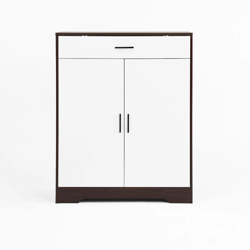 Meuble à chaussures 4 niveaux Noyer / Naturel avec 2 portes, 1 tiroir et étagères réglables, style minimaliste