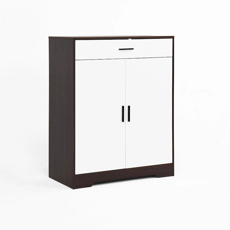 Meuble à chaussures 4 niveaux Noyer / Naturel avec 2 portes, 1 tiroir et étagères réglables, style minimaliste