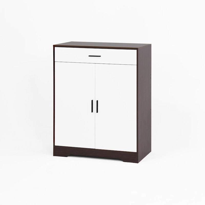 Meuble à chaussures 4 niveaux Noyer / Naturel avec 2 portes, 1 tiroir et étagères réglables, style minimaliste