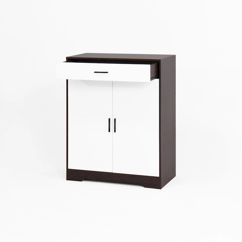 Meuble à chaussures 4 niveaux Noyer / Naturel avec 2 portes, 1 tiroir et étagères réglables, style minimaliste